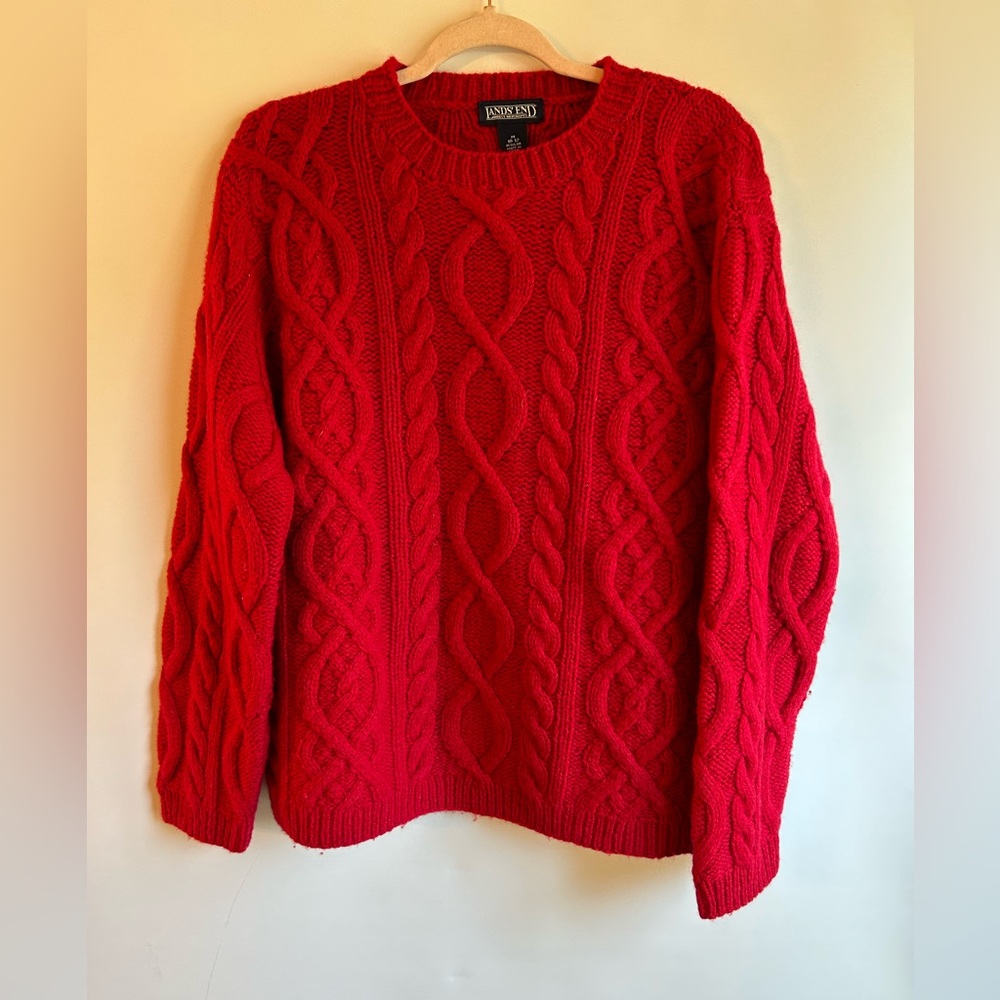 LANDS’END WOMENS RED CABLE KNIT FISHERMAN PULLOVER SWEATER SIZE MEDIUM (10-12)